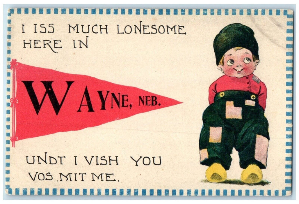 c1910's Dutch Boy Wayne Nebraska NE, Pennant Posted Antique Postcard