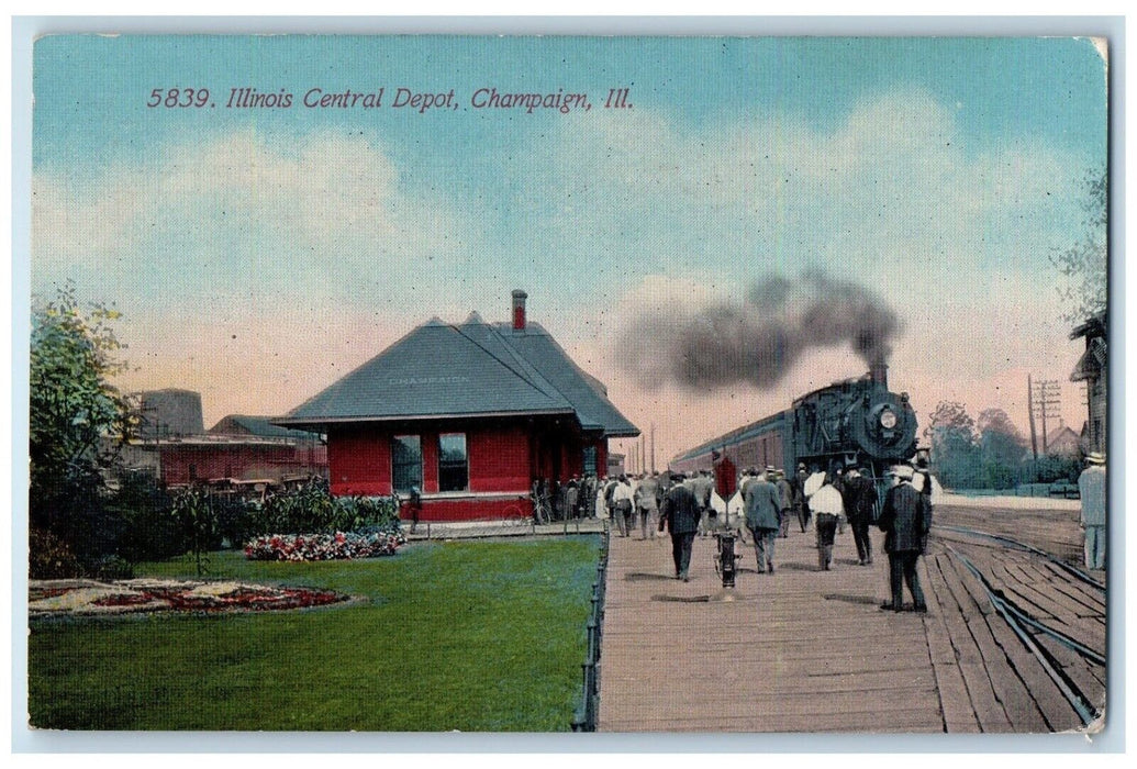 1912 Illinois Central Depot Locomotive Train Champaign Illinois Vintage Postcard