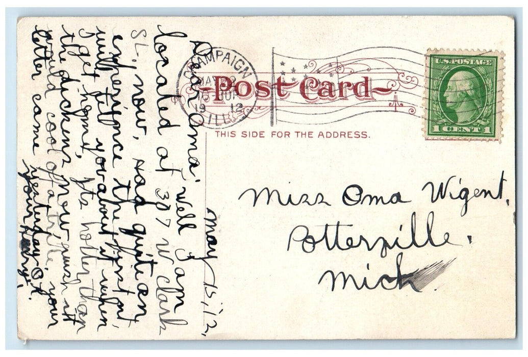 1912 Illinois Central Depot Locomotive Train Champaign Illinois Vintage Postcard