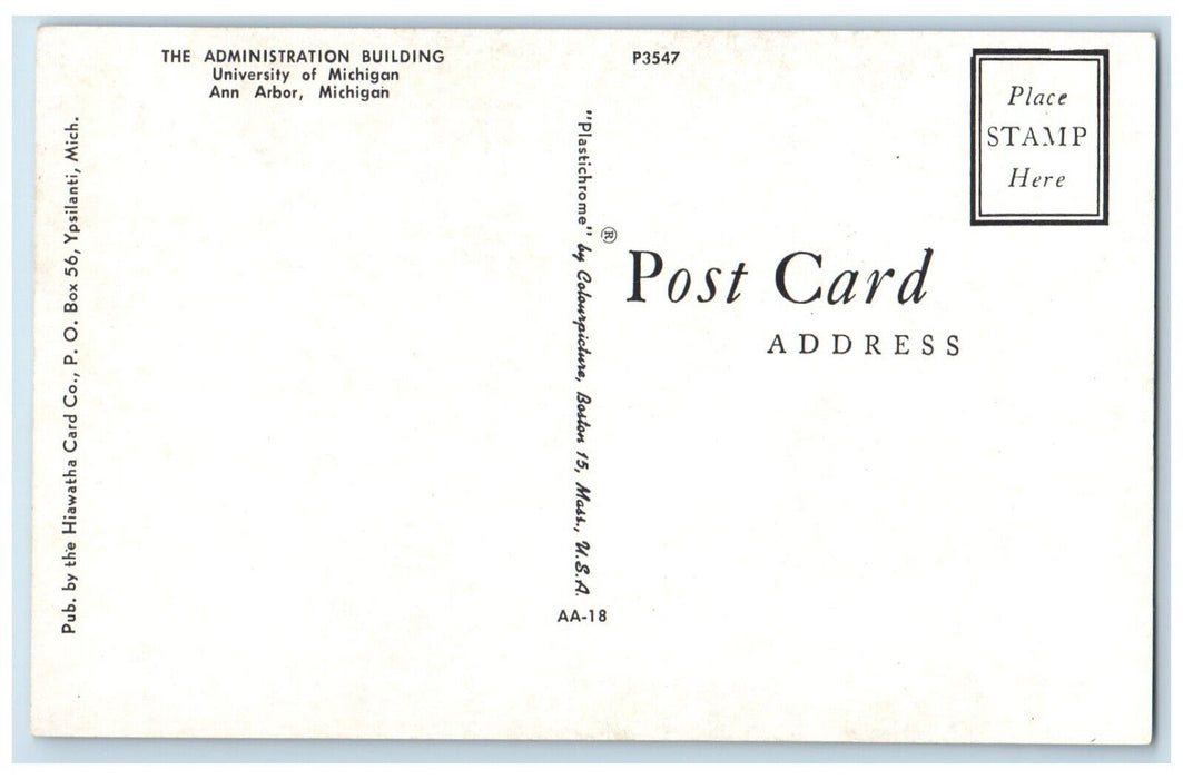 c1960 Administration Building University Michigan Ann Arbor Michigan MI Postcard