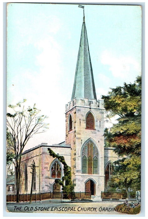 c1910's The Old Stone Episcopal Church Scene Street Gardiner Maine ME Postcard