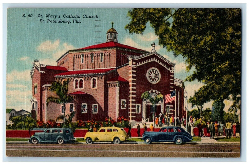 1956 St Mary Catholic Church Classic Cars Park St Petersburg Florida FL Postcard