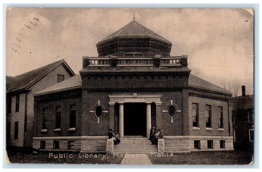 1908 Public Library Building Front View Madison Maine ME Posted Antique Postcard