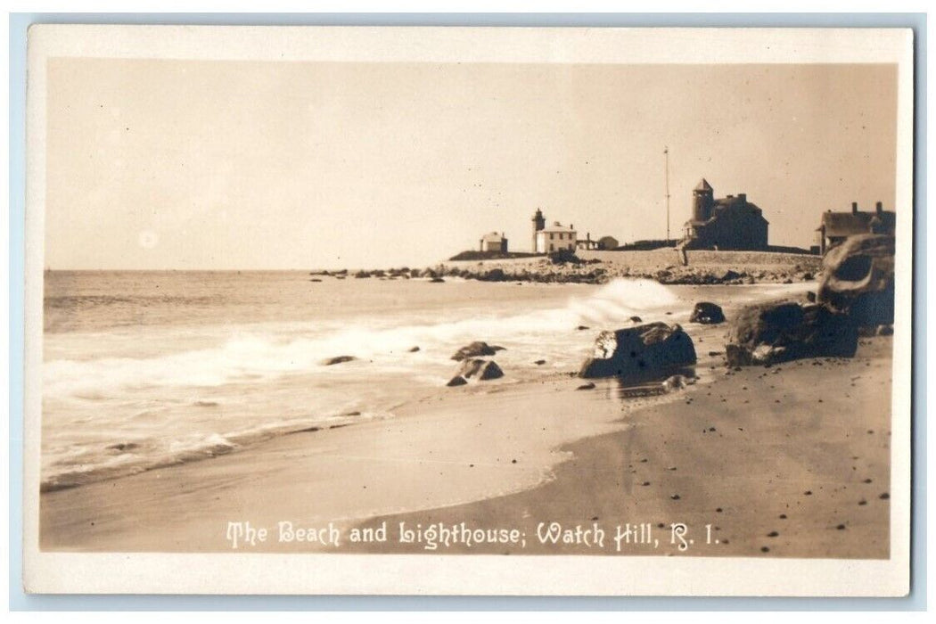 c1920's Beach & Lighthouse View Watch Hill Rhode Island RI RPPC Photo Postcard