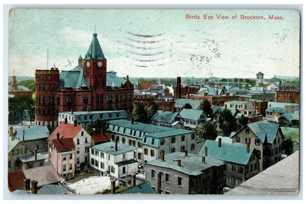 1913 Bird's Eye View Of Brockton Massachusetts MA, Houses Tower Clock Postcard
