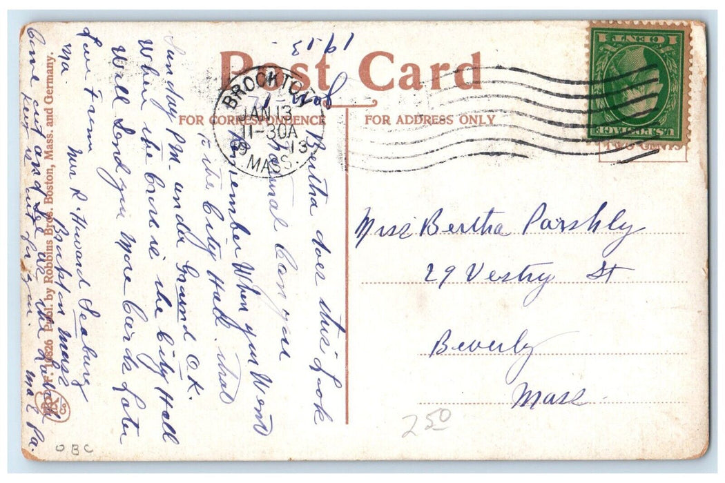 1913 Bird's Eye View Of Brockton Massachusetts MA, Houses Tower Clock Postcard