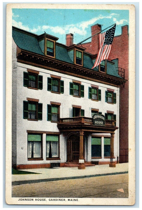 1938 Johnson House Building Scene Street Flag Gardiner Maine ME Vintage Postcard