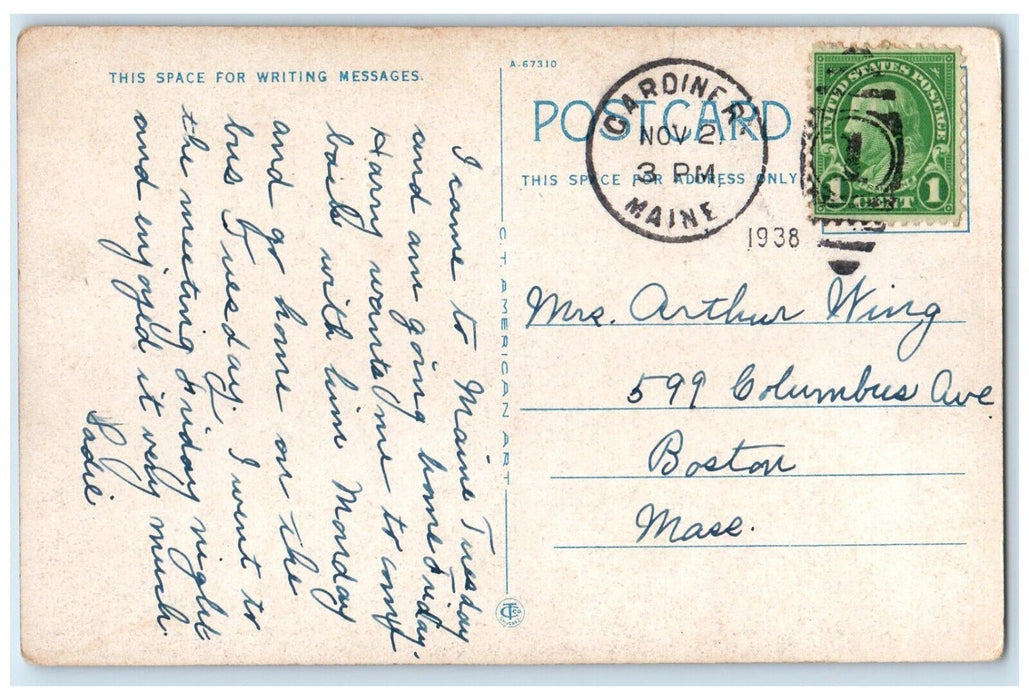 1938 Johnson House Building Scene Street Flag Gardiner Maine ME Vintage Postcard