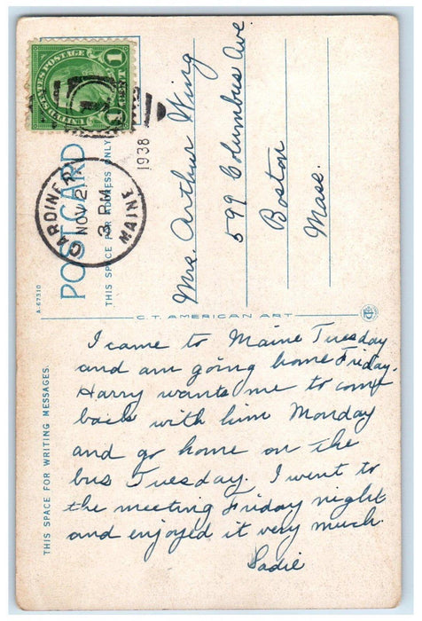 1938 Johnson House Building Scene Street Flag Gardiner Maine ME Vintage Postcard