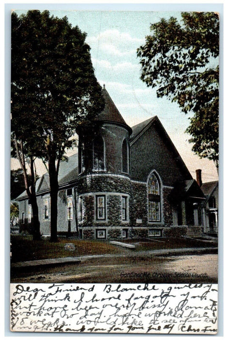 1907 Christian Science Church Scene Street Gardiner Maine ME Antique Postcard