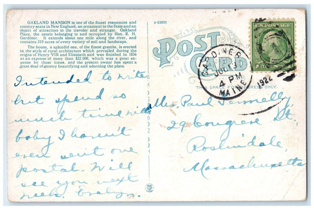 1922 Oakland Mansion House Gardiner Maine ME Posted Vintage Postcard