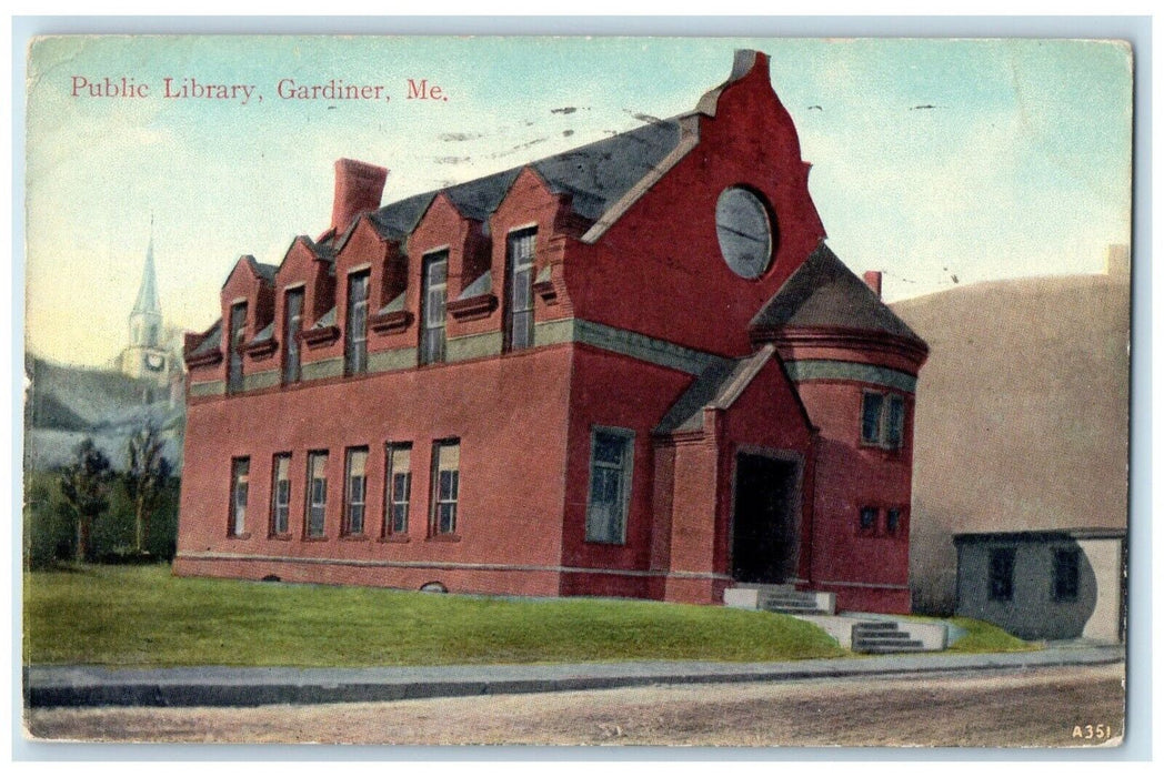 1910 Public Library Building Dirt Road Gardiner Maine ME Posted Antique Postcard