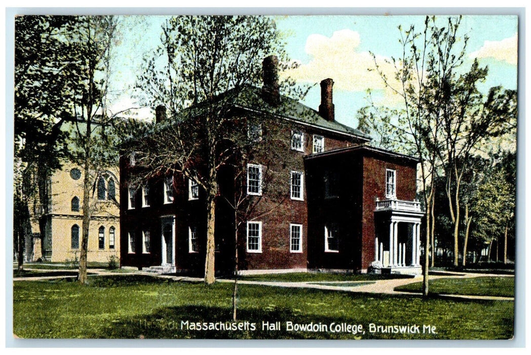 Massachusetts Hall Bowdoin College Building Brunswick Maine ME Antique Postcard