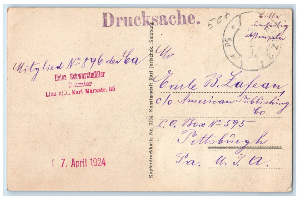 1924 Hohensalzburg Castle Salzburg Austria Heinz Schwarzlmuller Stamp Postcard