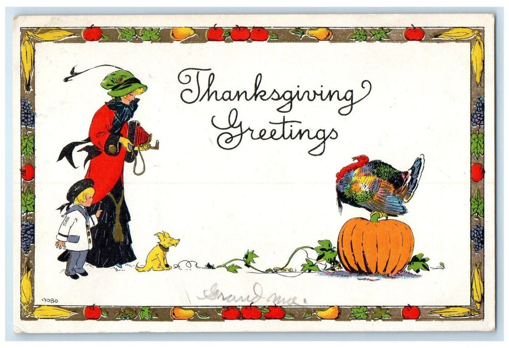 c1910's Thanksgiving Greetings Woman Camera Turkey Pumpkin Dog Embossed Postcard