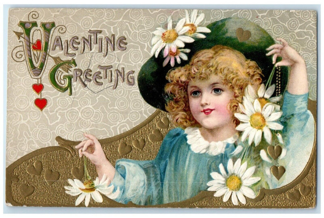 Valentine Greeting Cute Girl Curly Hair With Daisy Flowers Embossed Postcard