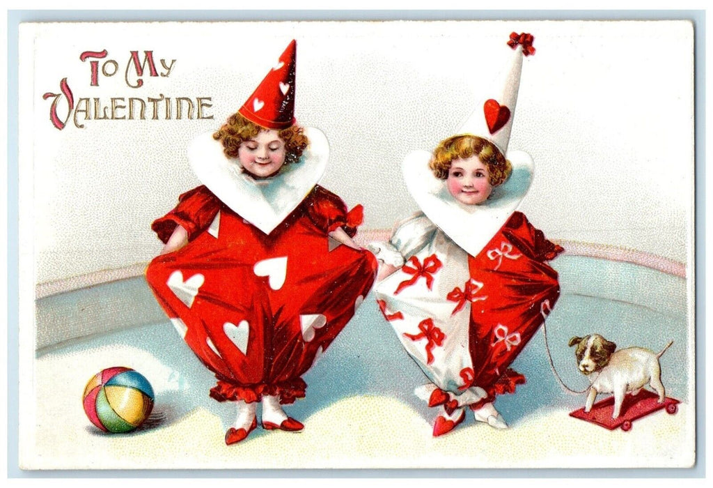 c1910's Valentine Children Wearing Clown Costume Toys Clapsaddle Posted Postcard