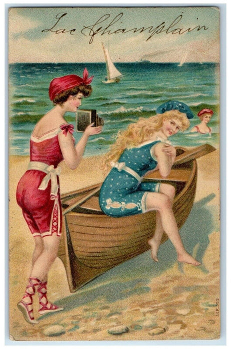 1906 Pretty Woman Camera Boat Beach Bathing Brockton MA Embossed Postcard