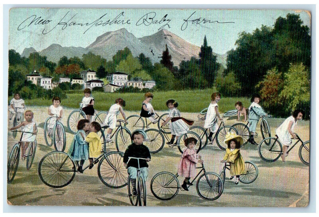 1909 New Hampshire Babies Farm Bicycle Building Boston MA Antique Postcard
