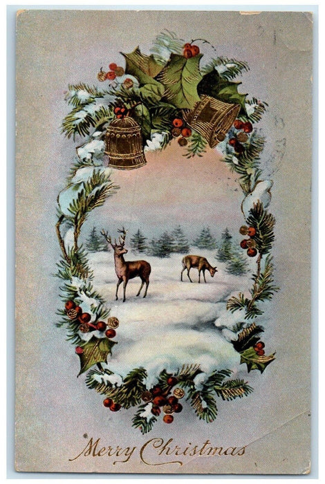1916 Christmas Deer In Winter Holly Berries Ringing Bells Gel Gold Gilt Postcard