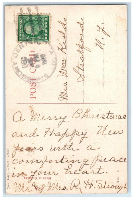 1916 Christmas Deer In Winter Holly Berries Ringing Bells Gel Gold Gilt Postcard