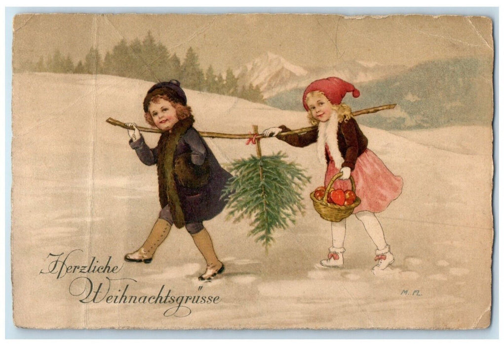 1925 Christmas Children Carrying Pine Tree Apples In Basket Finland Postcard
