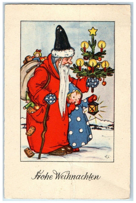 c1910's Christmas Tree Holding Santa Claus Sack Of Toys Lantern Germany Postcard