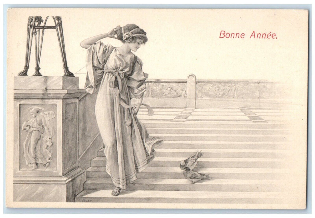 c1910's New Year Bonne Annee Pretty Woman Bird Switzerland Antique Postcard