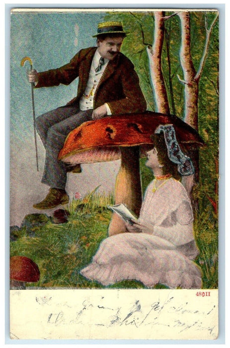 1907 Couple Romance Mushroom Toadstool Fantasy Macksville WV Antique Postcard