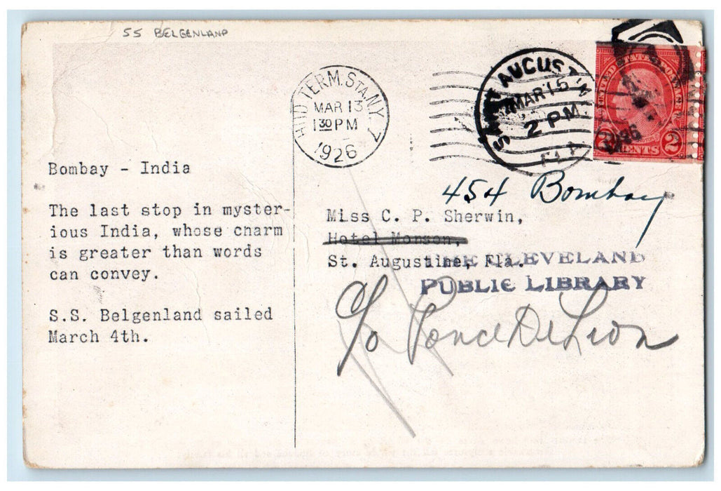 1926 Rock-Hewn Cave Harbor of Bombay SS Belgenland India Posted Postcard