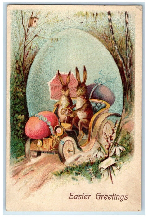 1908 Easter Greetings Anthropomorphic Rabbit Driving Car Eggs Lenox WV Postcard