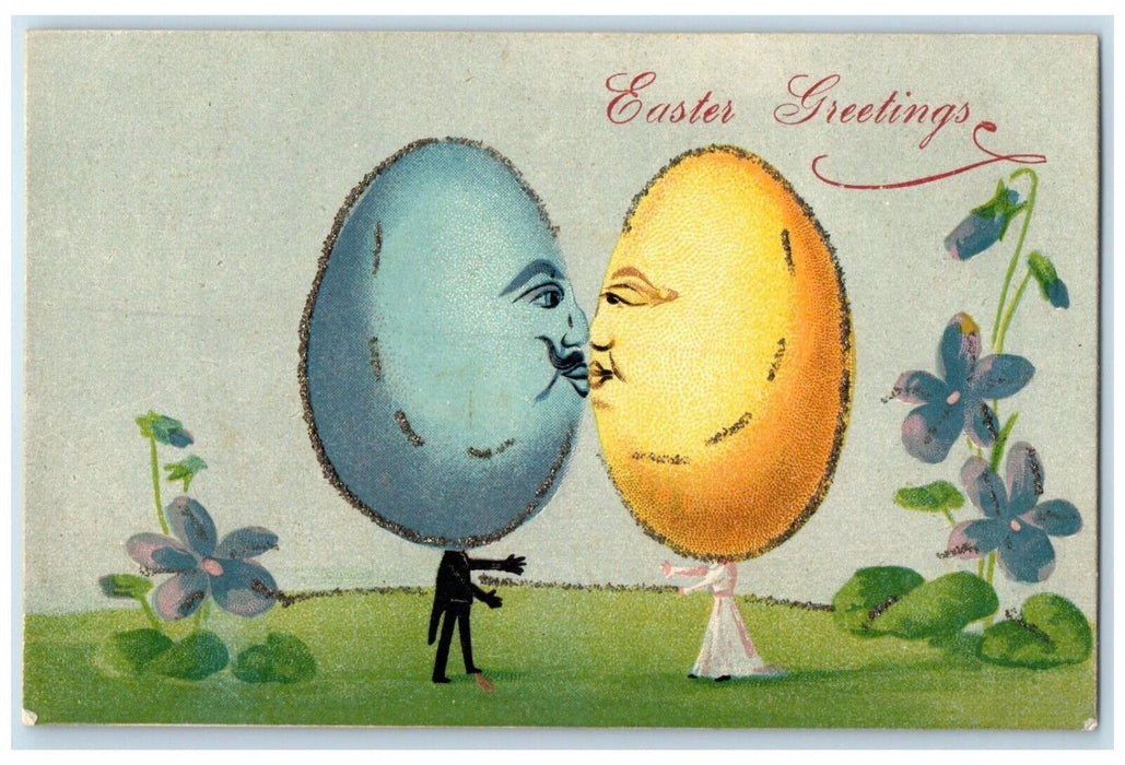 c1910's Easter Greetings Anthropomorphic Eggs Flowers Unposted Antique Postcard