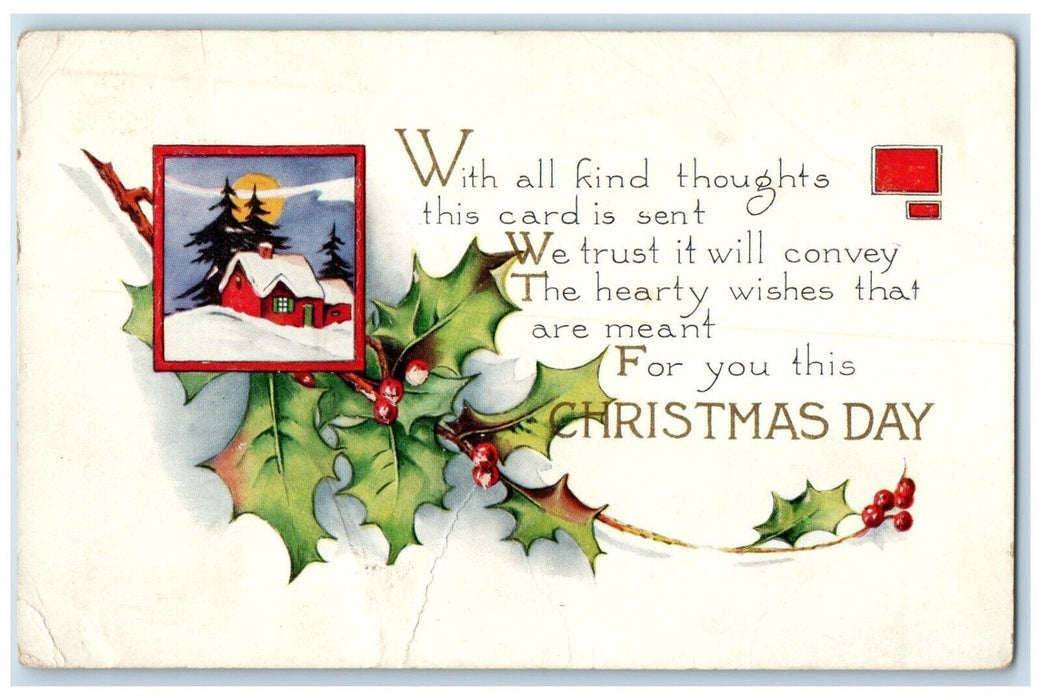 1923 Christmas Message Holly Berries House Winter Tied Seal Oklahoma OK Postcard