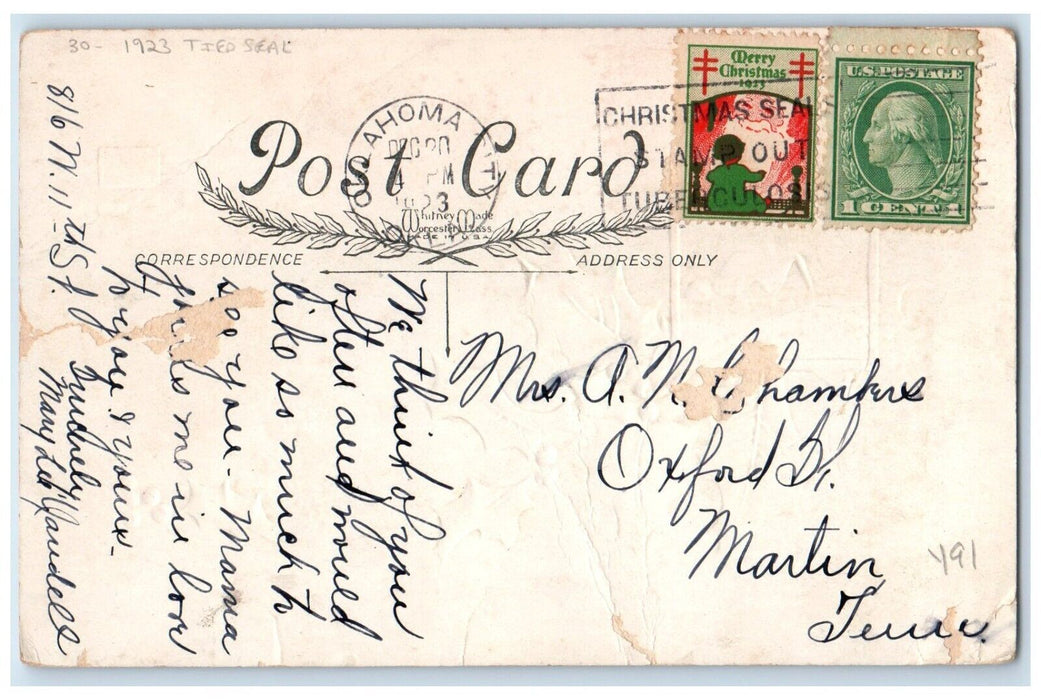 1923 Christmas Message Holly Berries House Winter Tied Seal Oklahoma OK Postcard