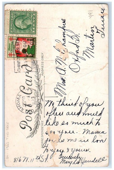1923 Christmas Message Holly Berries House Winter Tied Seal Oklahoma OK Postcard