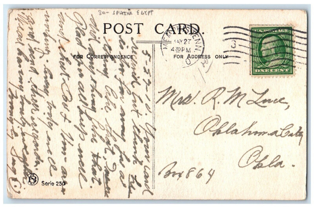 1910 Sphinx Egypt Camel Memphis Tennessee TN Posted Antique Postcard