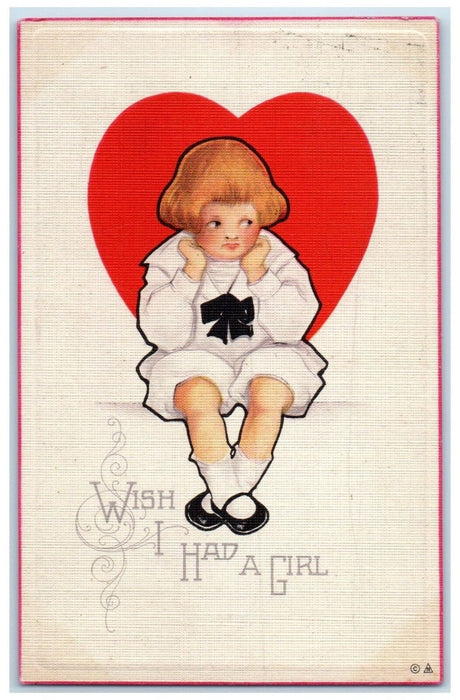 1917 Valentine Big Heart Sad Boy Wish I Had A Girl Posted Antique Postcard
