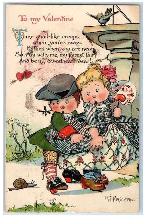 1913 Valentine Girls Scared Creeps Snail Flowers Heart Fan Antique Postcard