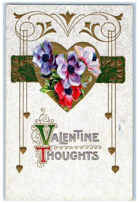c1910's Valentine Thoughts Heart Flowers Embossed Posted Antique Postcard
