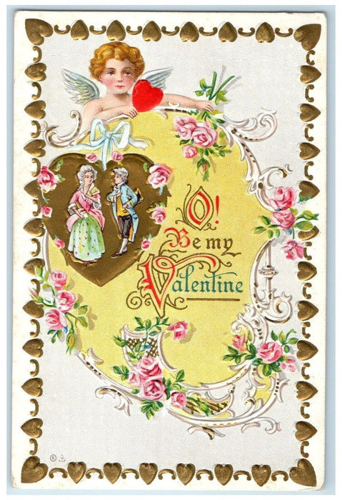 c1910s Valentine Heart Colonial Cupid Angel Heart Flowers Nash Embossed Postcard