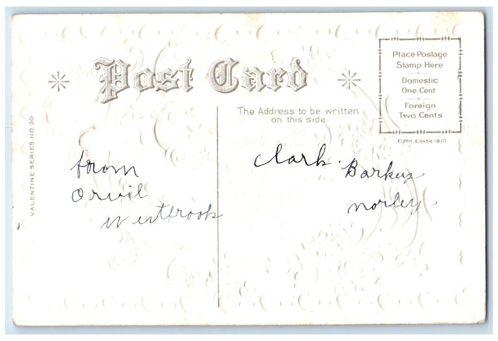 c1910s Valentine Heart Colonial Cupid Angel Heart Flowers Nash Embossed Postcard
