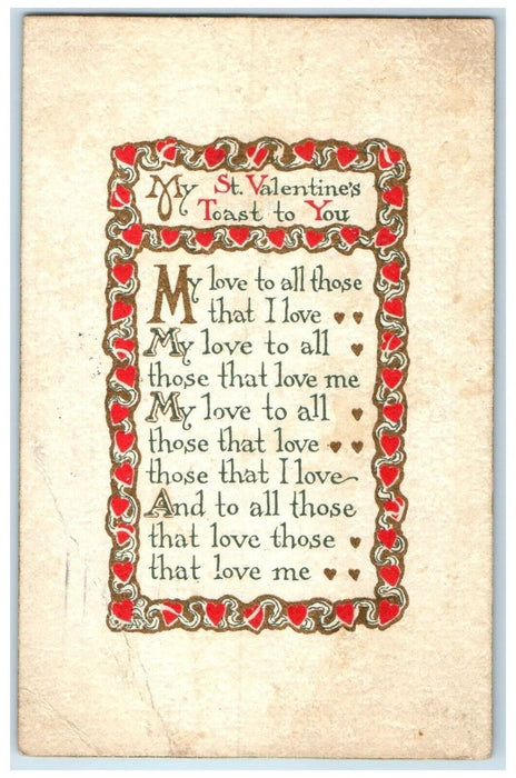 1911 Valentine Hearts Message Poem Chicago Illinois IL Posted Antique Postcard