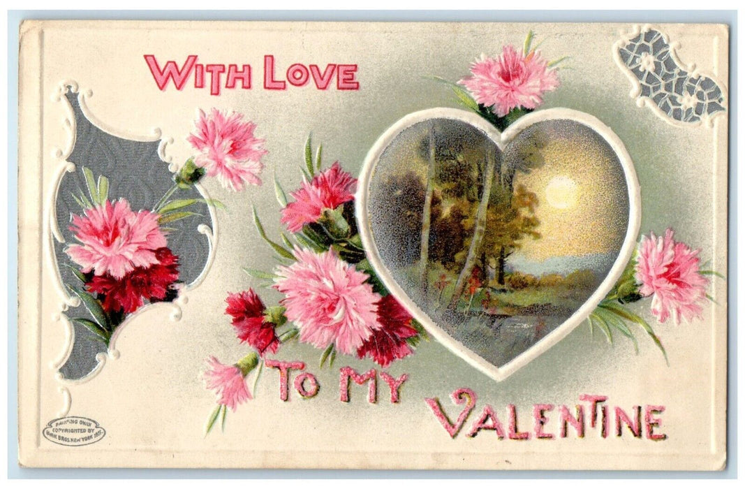 1912 Valentine Heart Pink Flowers Embossed Posted Antique Postcard