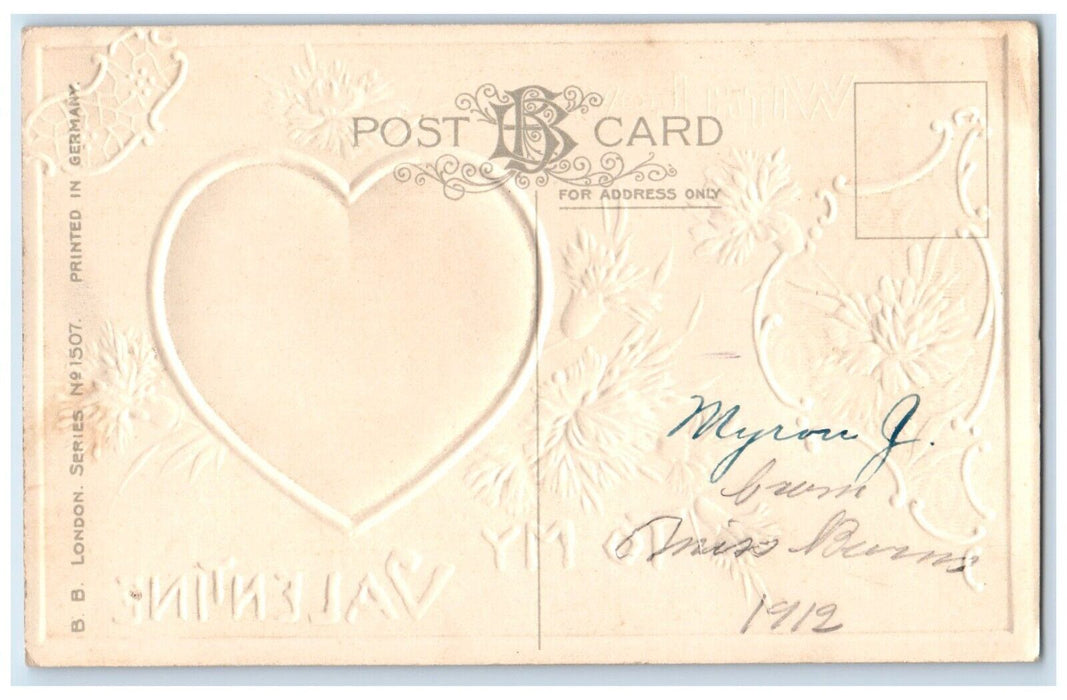 1912 Valentine Heart Pink Flowers Embossed Posted Antique Postcard