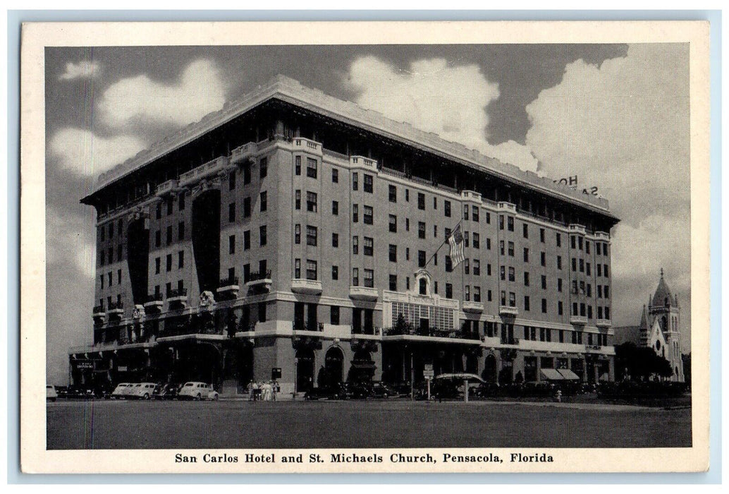 1943 Exterior San Carlos Hotel St Michaels Church Pensacola Florida FL Postcard