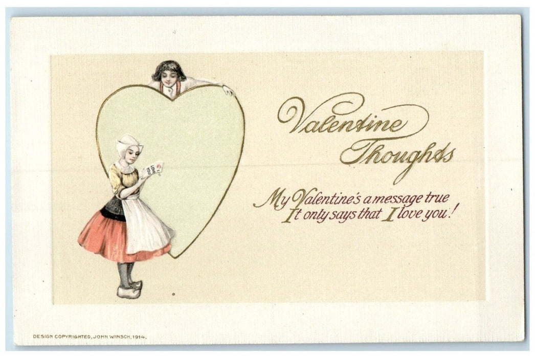 Valentine Thoughts Dutch Woman Reading Letter Big Heart Winsch Back Postcard
