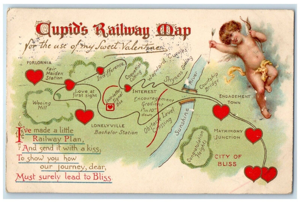 1911 Valentine Cupids Railway Map Cupid Angel Hearts Ludington MI Postcard