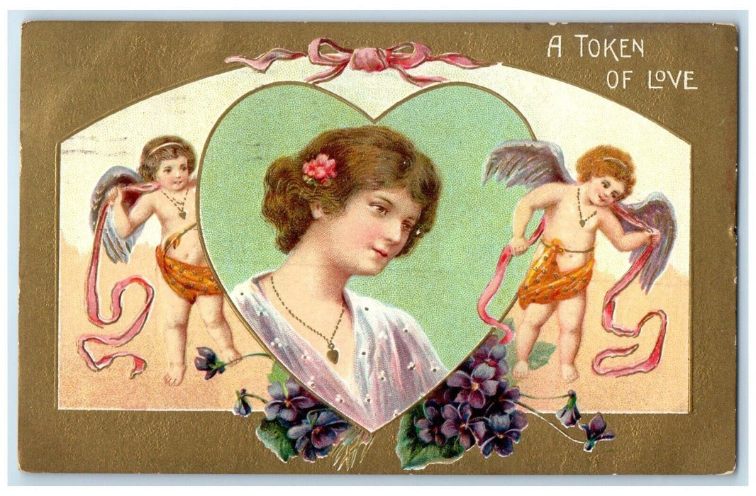 Valentine Heart Woman Angels Pansies Flowers Embossed Grand Rapids MI Postcard