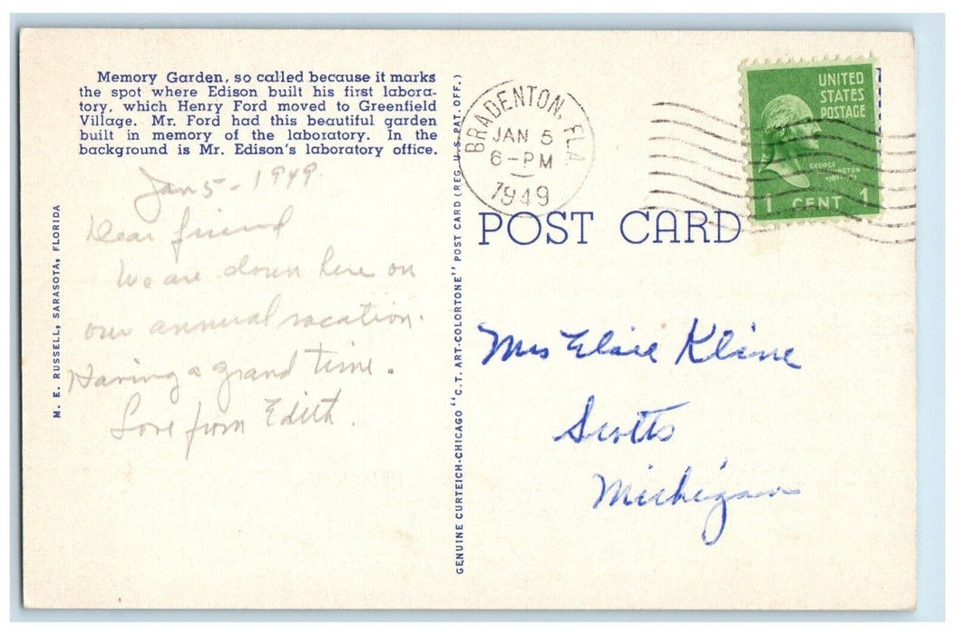 1949 Memory Gardens Thomas Edison Winter Home Fort Myers Florida Posted Postcard