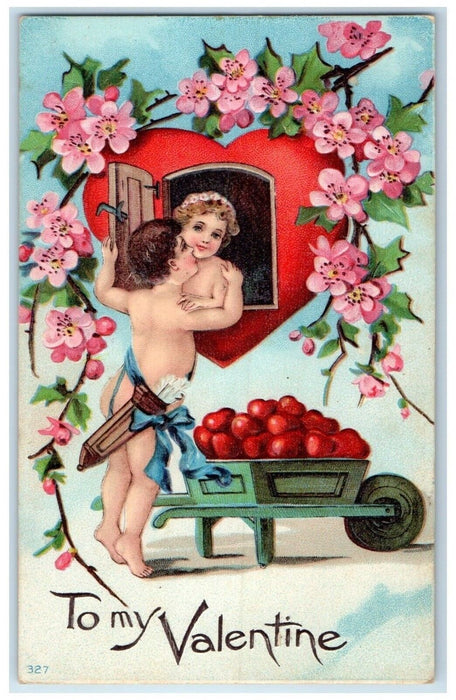 c1910's Valentine Heart Cupid Angel Kissing Hearts Flowers Embossed Postcard